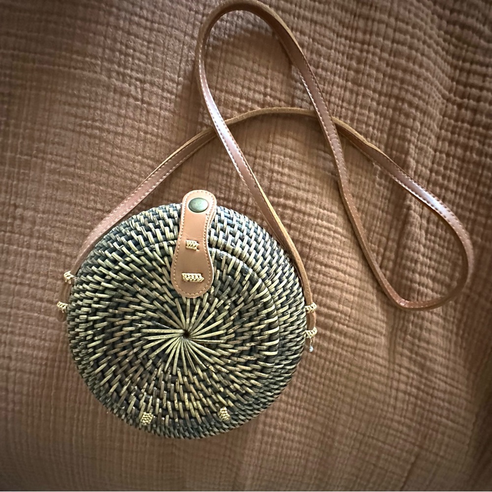Balinese Round Woven Crossbody Bag - Brown and Tan